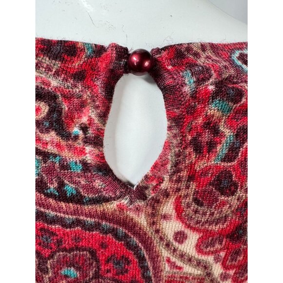 Talbots Womens L Red Multicolor Paisley Print Merino Wool Sweater Made In China - Picture 7 of 16